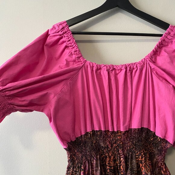 Handmade Plus Size Cotton Linen Batik Pink Multicolour Peasant Dress - Picture 8 of 16